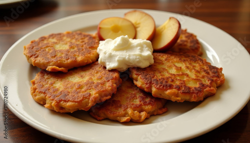 Delicious latkes served with apples and sour cream during a festive Hanukkah celebration photo