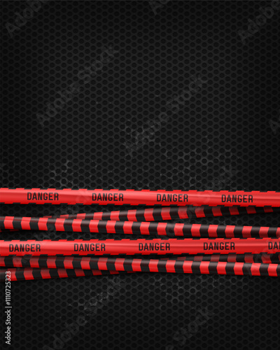 Banner with red caution tapes. Security line on black background. Crime scene barrier tape. Vector illustration.