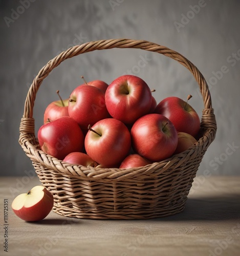 Four red apples arranged in a woven wicker basket , still life, composition