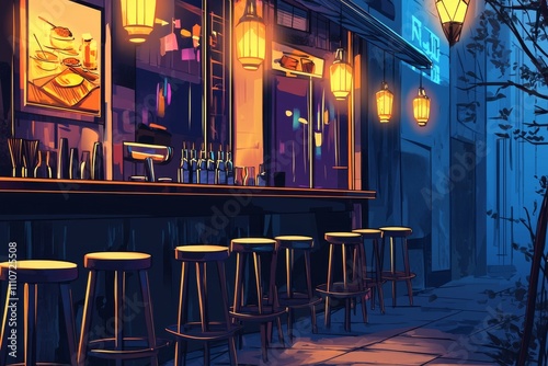 A cozy outdoor bar scene with warm lighting and empty stools, inviting a tranquil atmosphere for evening relaxation. photo