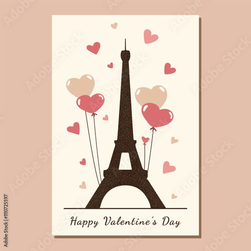 isolated brown silhouette of eiffel with balloons and hearts on the beige background in minimalist style. vector card with dark silhouette of love symbol