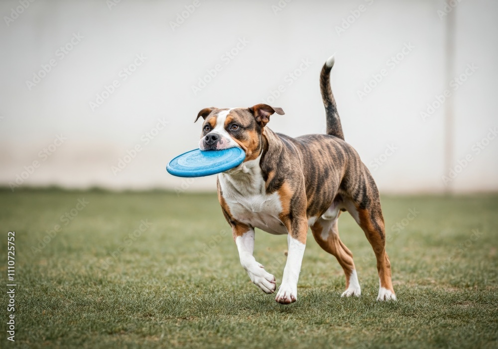 Playful Brindle American Bulldog with Frisbee Playful Brindle American Bulldog with Frisbee