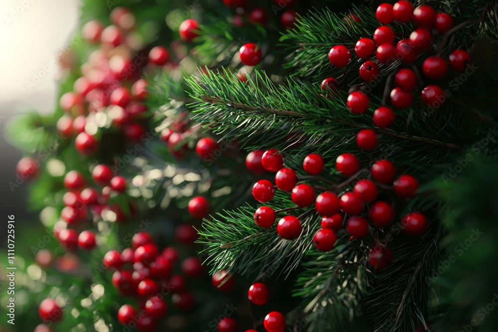 Fototapeta premium Close-up of vibrant red berries nestled among lush green pine foliage, creating a festive, seasonal atmosphere.
