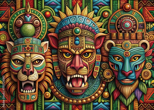 Intricate Mayan and Aztec Totems Collection Featuring Cartoon-Style Lion, Puma, Skull, Beetle, and Demon Masks with Tribal Patterns and Ethnic Accessories from Ancient Mesoamerican Culture