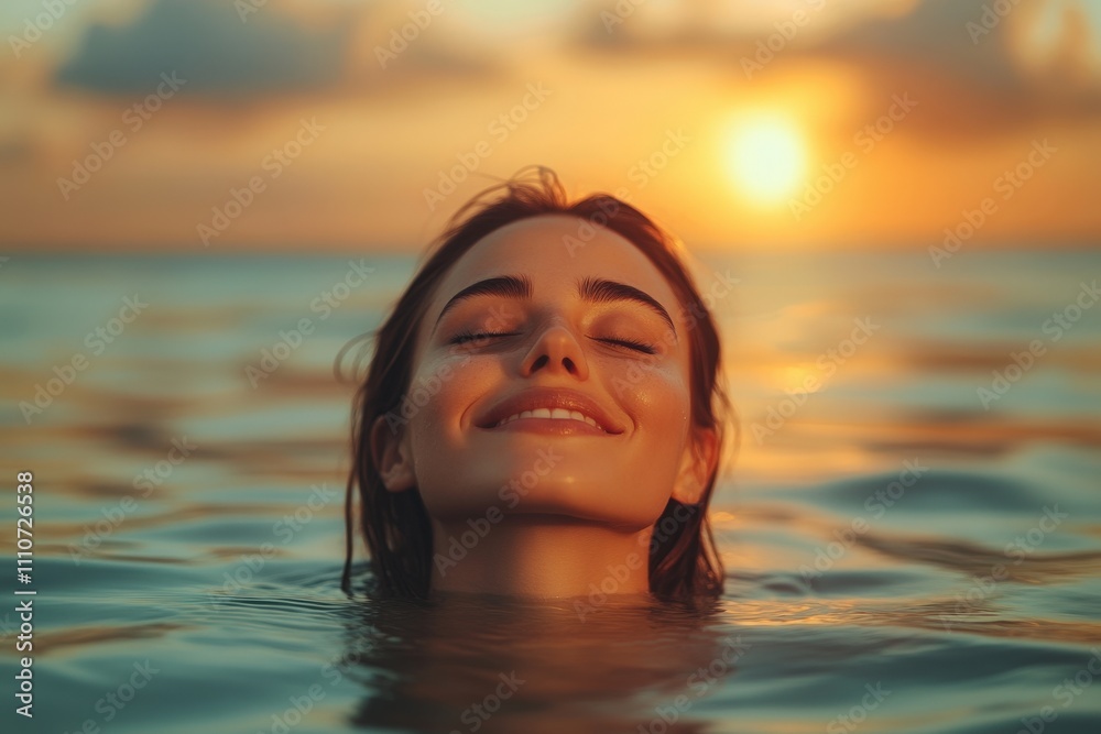 A woman with a content expression enjoys a serene swim in the ocean during sunset, radiating tranquility and joy. A woman with a content expression enjoys a serene swim in the ocean during sunset, radiating tranquility and joy.