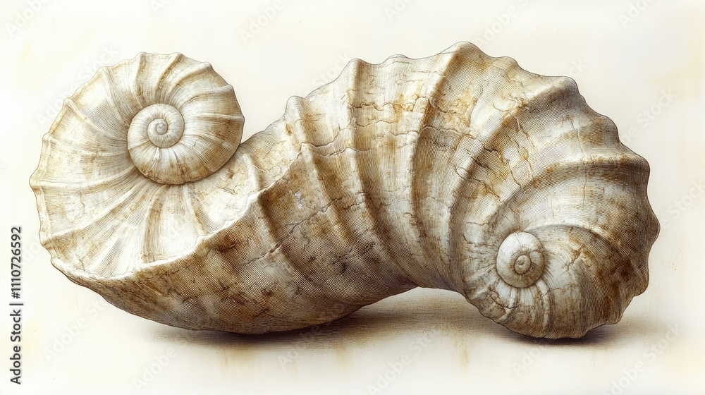 A detailed illustration of a large, spiraled seashell resting on a soft background. A detailed illustration of a large, spiraled seashell resting on a soft background.