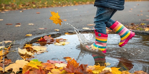 Colorful rubber boots on a child's legs, jumping into a puddle filled with clear water on an autumn day, autumnal, children playing, leaves