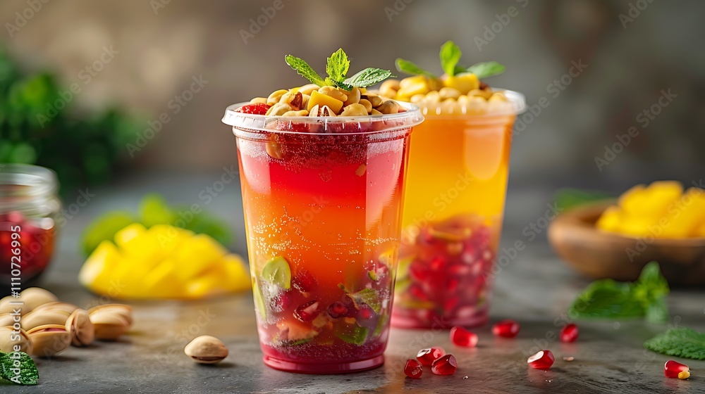 strawberry mango and pomegranate juice with nuts pistachio and cashew nut served in disposable glass isolated on table side view of healthy drink strawberry mango and pomegranate juice with nuts pistachio and cashew nut served in disposable glass isolated on table side view of healthy drink