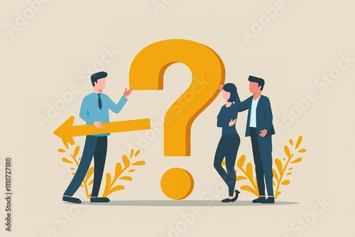 A man is holding a question mark and pointing to an arrow