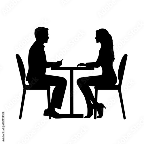 vector silhouette of a man and a woman at a table negotiating on a white background . Generative AI