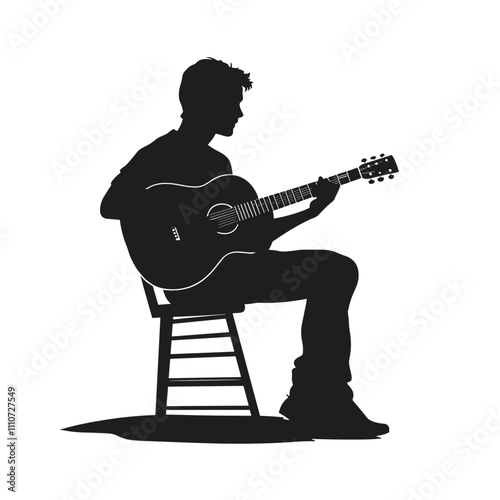 vector silhouette of a man on a chair with a guitar on a white background. Generative AI