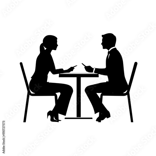 vector silhouette of a man and a woman at a table negotiating on a white background . Generative AI