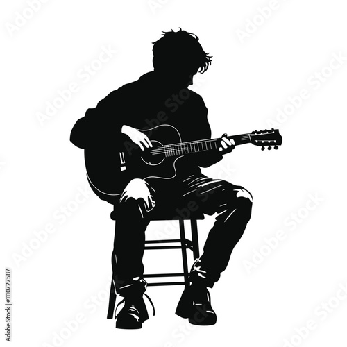 vector silhouette of a man on a chair with a guitar on a white background. Generative AI