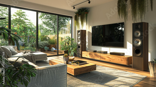 Modern living room with surround sound speaker system, large windows, and greenery. space features cozy sofa, wooden furniture, and stylish decor that creates warm atmosphere