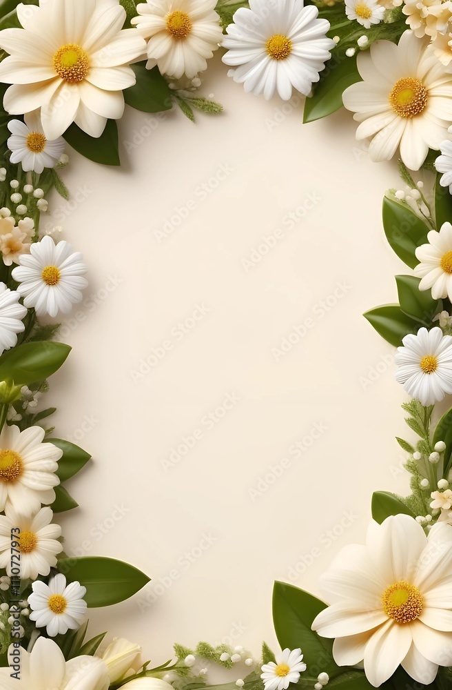 a frame with daisies and a white background with a place for a text message. a frame with daisies and a white background with a place for a text message.