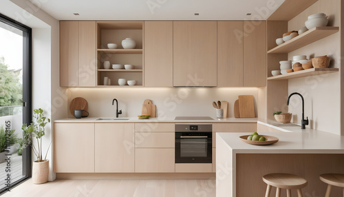 Modern Small Kitchen with Light Ash Wood Cabinetry, White Quartz Countertop, and Open Shelves