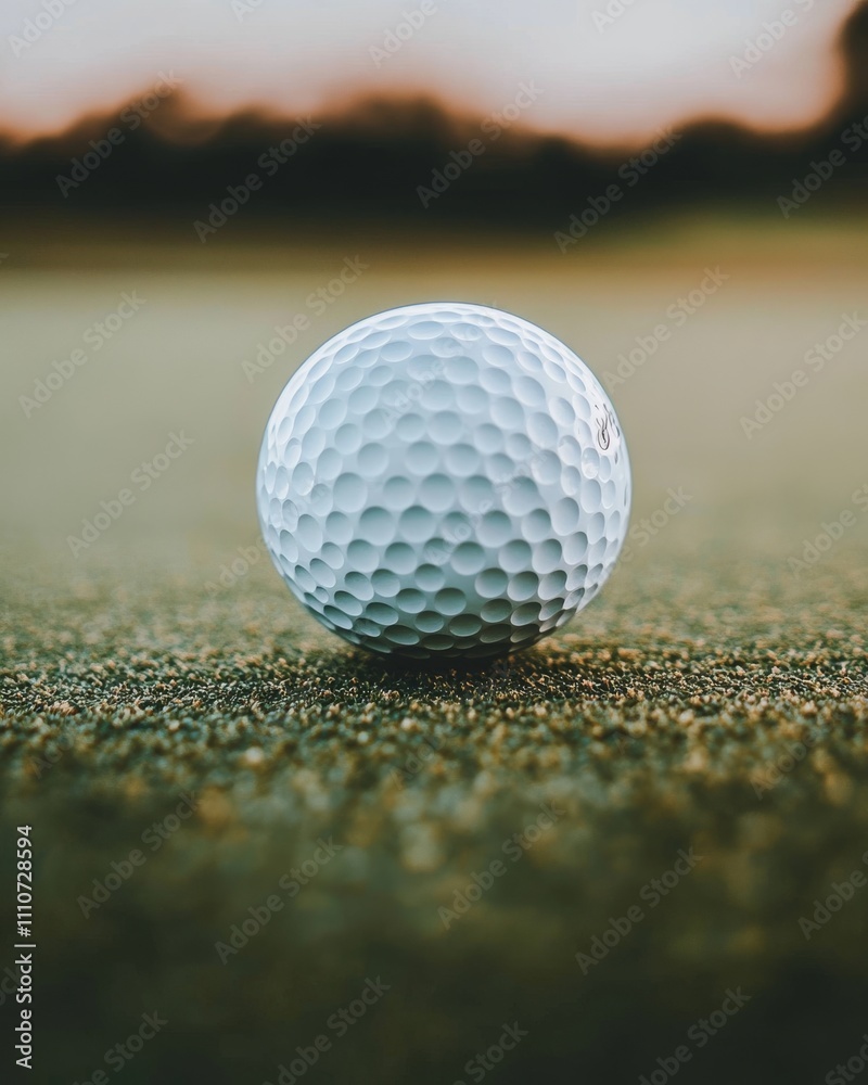 A close-up of a white golf ball resting on a green putting surface at sunset. A close-up of a white golf ball resting on a green putting surface at sunset.