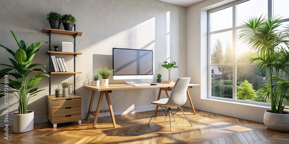 Fototapeta premium Lively Panoramic View of a Modern Workspace Featuring an Empty Template Mockup Poster, Desk, and Computer in a Bright Room Setting
