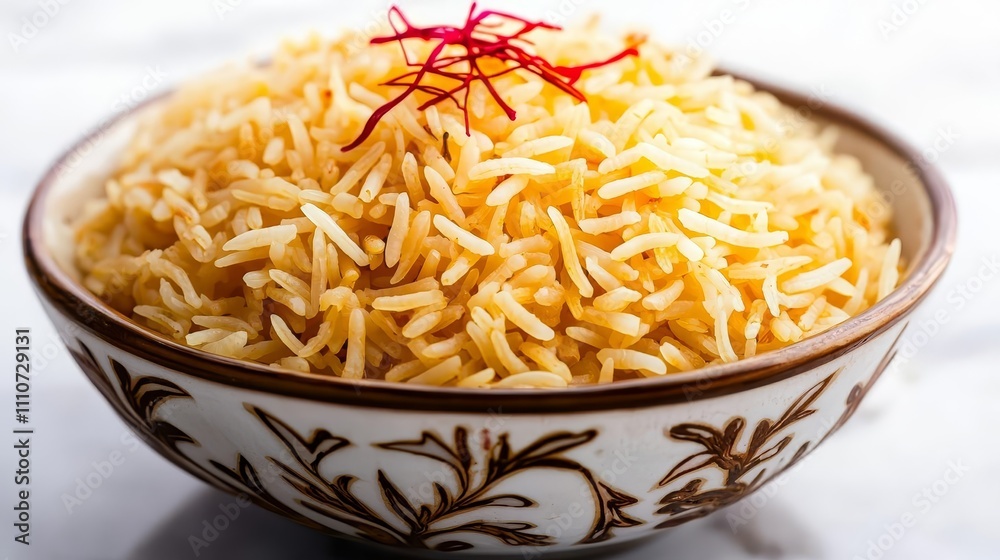 basmati rice cooking variety concept. A bowl of aromatic saffron rice, beautifully presented, showcasing long grains and a delicate garnish. basmati rice cooking variety concept. A bowl of aromatic saffron rice, beautifully presented, showcasing long grains and a delicate garnish.