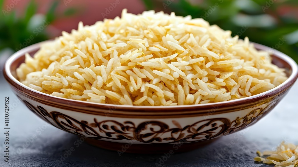 basmati rice cooking variety concept. A close-up of a bowl filled with uncooked golden rice, showcasing its texture and color against a blurred green background. basmati rice cooking variety concept. A close-up of a bowl filled with uncooked golden rice, showcasing its texture and color against a blurred green background.