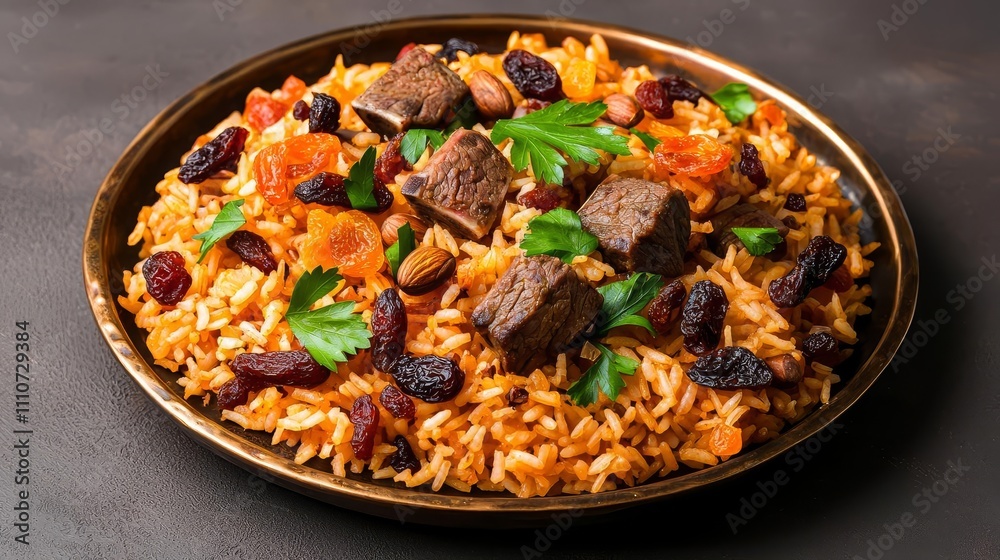 basmati rice cooking variety concept. A vibrant dish of seasoned rice topped with tender pieces of beef, dried fruits, and fresh herbs, served on a decorative platter. basmati rice cooking variety concept. A vibrant dish of seasoned rice topped with tender pieces of beef, dried fruits, and fresh herbs, served on a decorative platter.