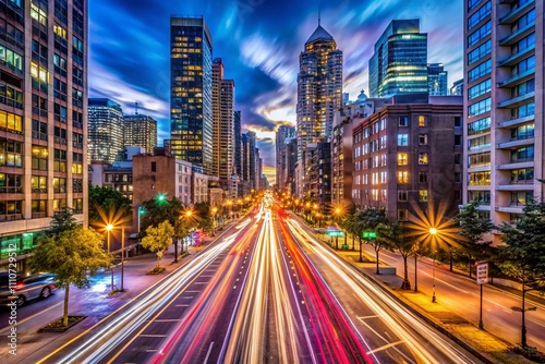Long Exposure Night View of 787 11th Avenue, Capturing the Vibrant City Lights and Urban Atmosphere in a Stunning Architectural Landscape
