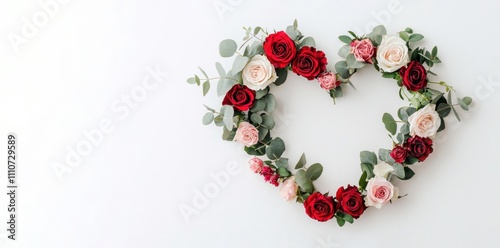 Heart shape made of red and pink roses with green leaves on white background