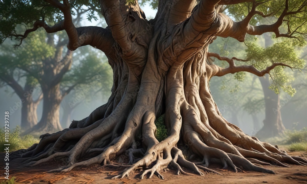 Mature tree trunk with gnarled branches and roots , bark, plant, forest