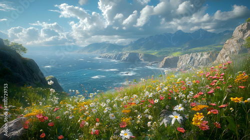 Coastal Mountain Landscape With Wildflowers - Illustration