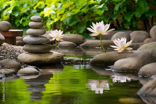 Stack of weathered river stones against a peaceful water garden background
