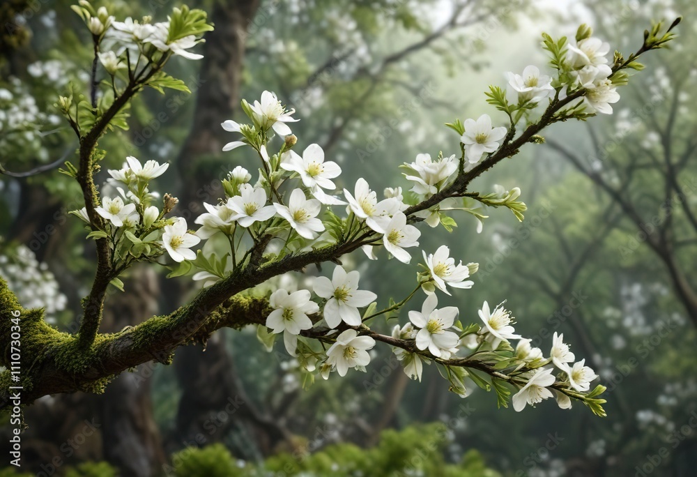 Mossy tree branch with white flowers and leaves, mossy branches, botanical art Mossy tree branch with white flowers and leaves, mossy branches, botanical art