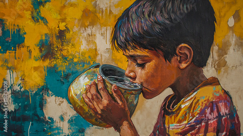 a boy drinking water. his hand holding a mum pot photo