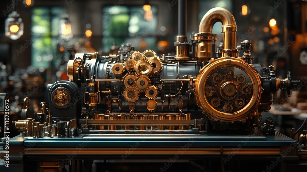 Fototapeta premium A detailed steampunk-inspired engine with intricate gears and polished metal components.