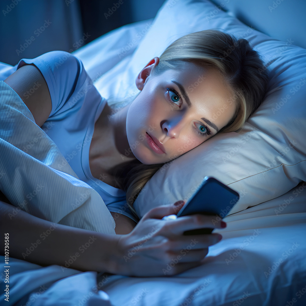 A woman lies in bed, illuminated by the soft glow of her smartphone, her thoughtful gaze reflecting her engagement with the device during late-night hours in a serene environment A woman lies in bed, illuminated by the soft glow of her smartphone, her thoughtful gaze reflecting her engagement with the device during late-night hours in a serene environment