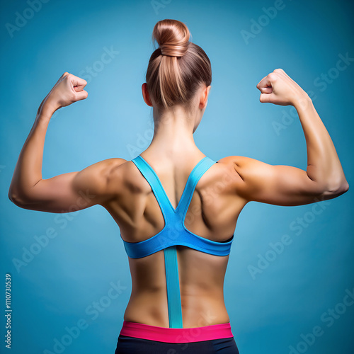A determined woman proudly flexes her toned arms, displaying her athletic physique. She stands against a striking blue backdrop, embodying strength and confidence through her dedication to fitness