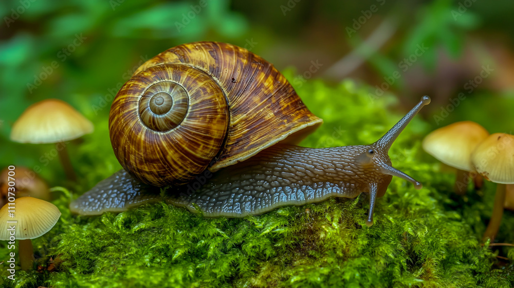 A close-up shot of a garden snail crawling on soft, vibrant green moss in a serene forest, with delicate mushrooms growing nearby A close-up shot of a garden snail crawling on soft, vibrant green moss in a serene forest, with delicate mushrooms growing nearby