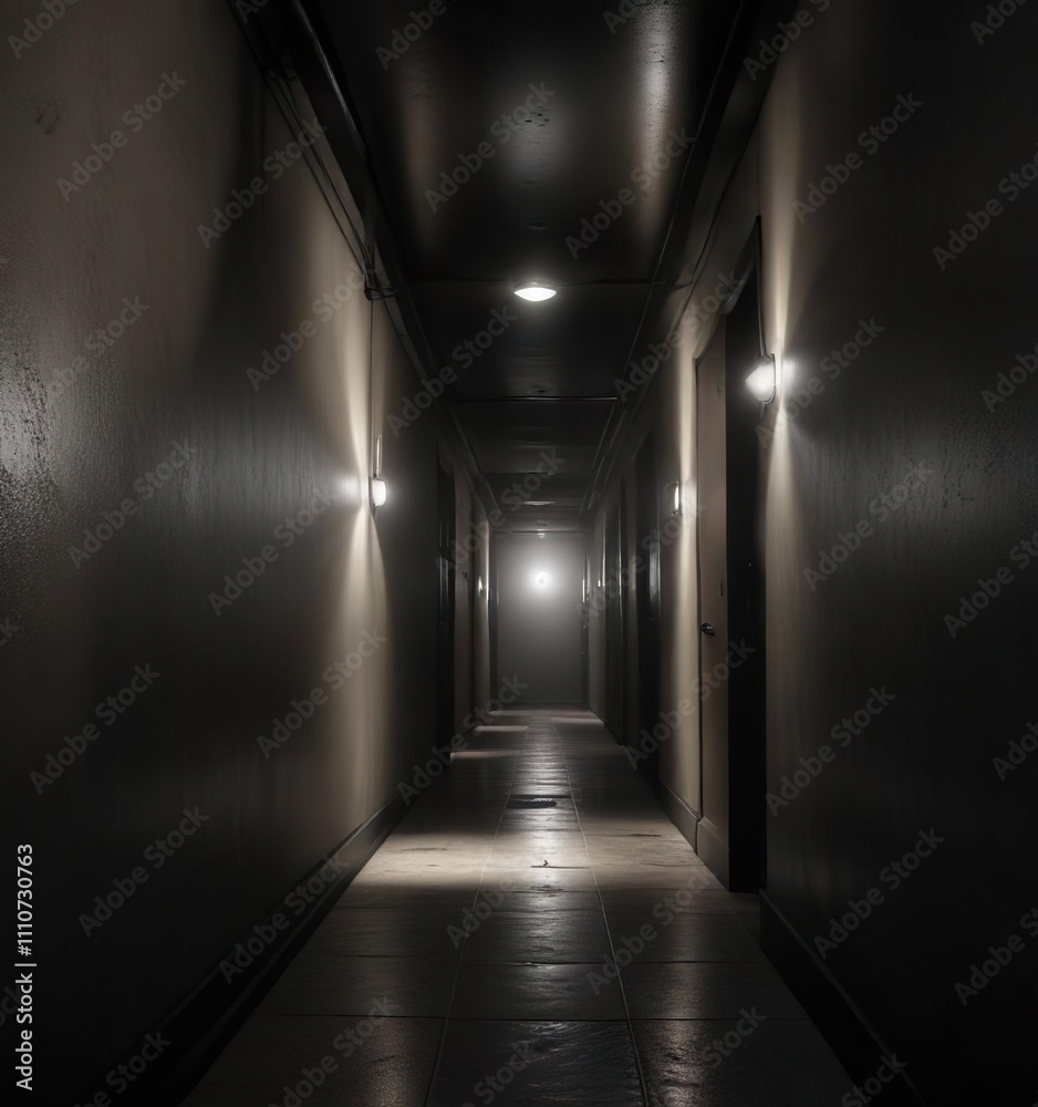 Narrow dark corridor with a single spotlight shining towards its terminus, narrow corridor, faint light, dimly lit alleyway Narrow dark corridor with a single spotlight shining towards its terminus, narrow corridor, faint light, dimly lit alleyway
