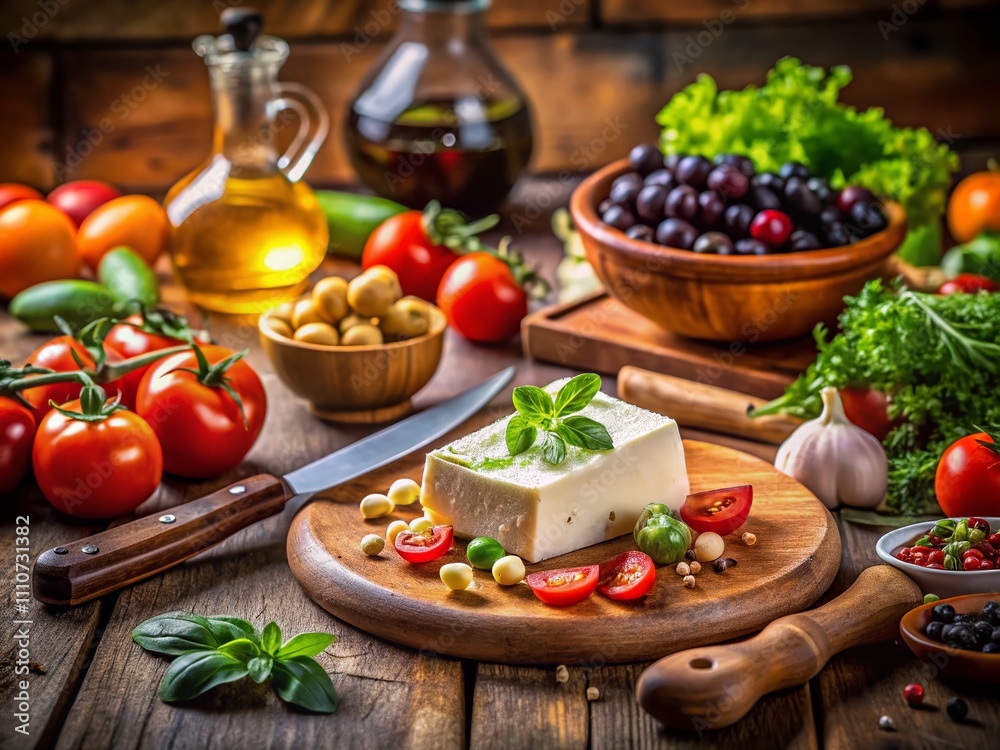 Low Light Photography of Feta Cheese Being Cut for a Greek Salad, Capturing the Culinary Artistry in a Cozy Kitchen Atmosphere with Warm Tones Low Light Photography of Feta Cheese Being Cut for a Greek Salad, Capturing the Culinary Artistry in a Cozy Kitchen Atmosphere with Warm Tones