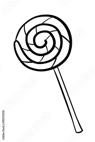 Traditional round Christmas candy. Outline hand drawn vector illustration on white background. Coloring page of Christmas lollipop for kids. Sweet sucker candy on stick.