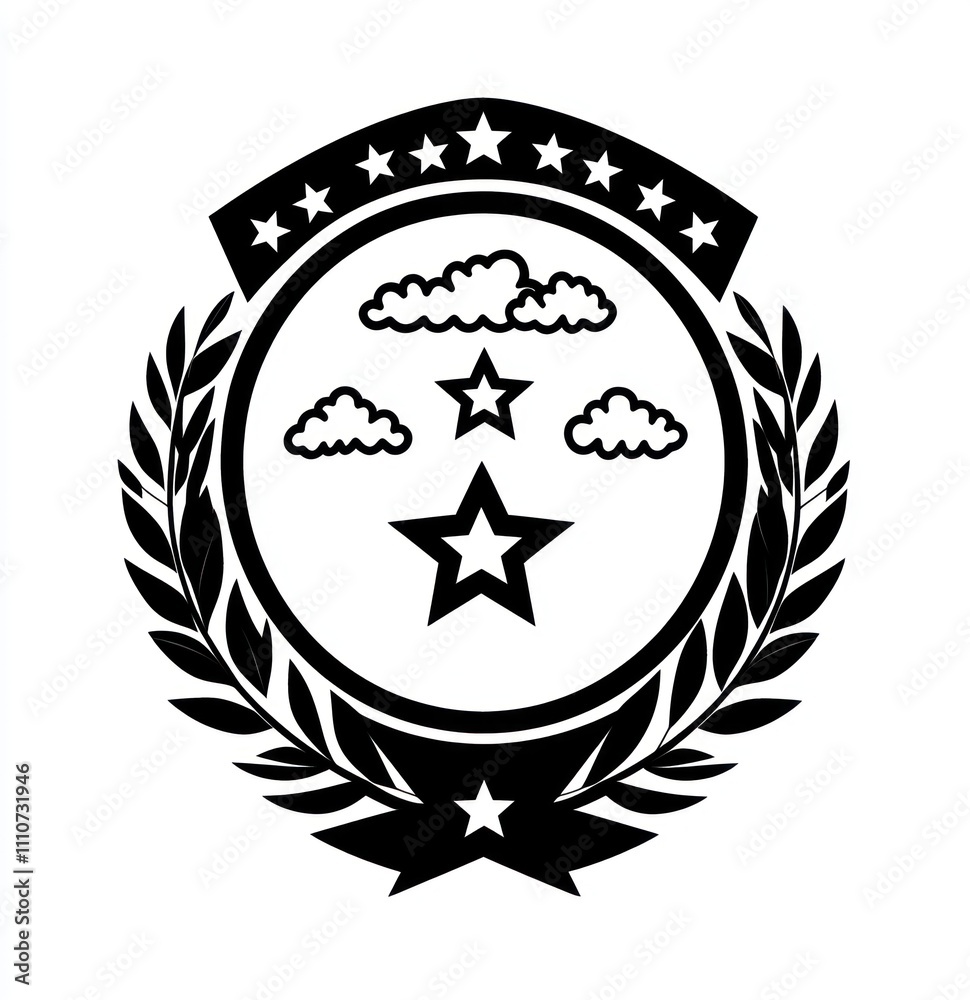 Obraz premium Here's a description and keywords for your image.. Monochrome emblem featuring stars, clouds, and laurel wreath.