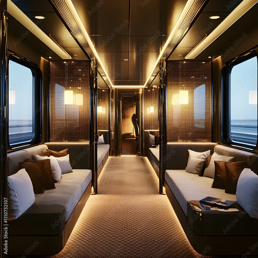 Spacious luxury train compartment with plush seating and soft lighting. Modern design with refined finishes for a premium travel experience. Spacious luxury train compartment with plush seating and soft lighting. Modern design with refined finishes for a premium travel experience.