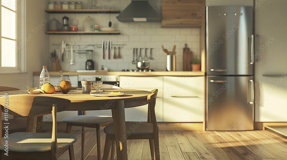 Style cozy modern open bright kitchen home interior dining table and chairs faucet fridge microwave stove oven cooker hood and furniture in background wide angle Style cozy modern open bright kitchen home interior dining table and chairs faucet fridge microwave stove oven cooker hood and furniture in background wide angle