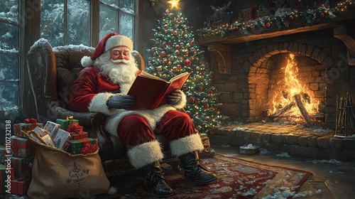 Cozy Christmas scene: Santa Claus, nestled in a leather armchair by a crackling fireplace, reads a book.
