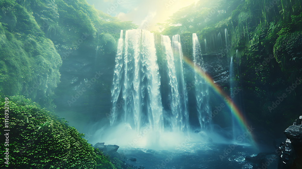 Dramatic Waterfall Plunging Into Misty Gorge Surrounded by Lush Greenery and a Colorful Rainbow Illuminated by Soft Natural Light Dramatic Waterfall Plunging Into Misty Gorge Surrounded by Lush Greenery and a Colorful Rainbow Illuminated by Soft Natural Light