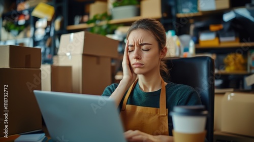 A female in apron feels tired in front of a laptop at desk. Hand touching between the eyebrows, eyes closed.