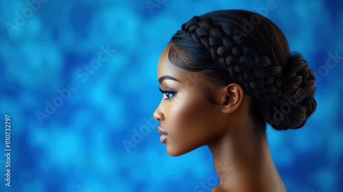 Profile of an elegant African woman with intricate braided updo hairstyle against a vibrant blue bokeh background, showcasing beauty and grace.
