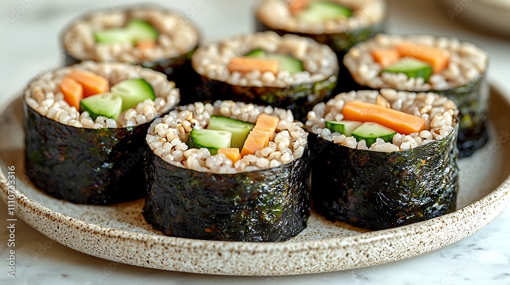 Close-up of seven delicious vegetarian sushi rolls filled with brown rice, cucumber, and carrot on a beige plate. Close-up of seven delicious vegetarian sushi rolls filled with brown rice, cucumber, and carrot on a beige plate.