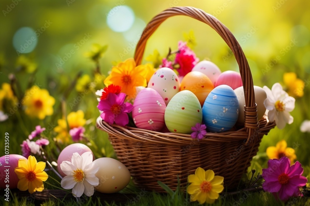 Easter eggs in a basket in green grass. Spring season traditional egg hunt colorful decorated eggs in a wicker basket.