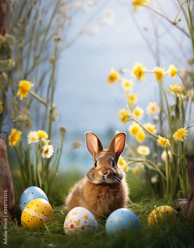 Happy Easter. Adorable bunny sitting among colorful, decorated Easter eggs in a sunny spring meadow, surrounded by fresh flowers and green grass. A charming and festive Easter-themed scene full of joy