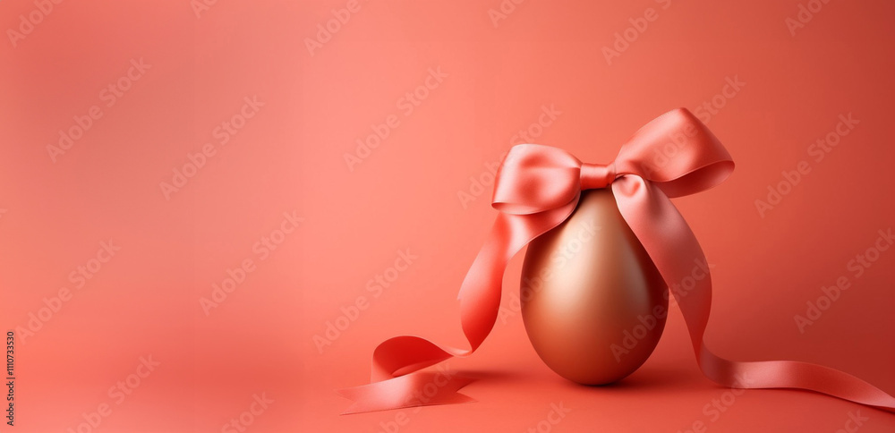 Golden Easter egg with a pink ribbon on a coral background, symbolizing celebration, elegance, and holiday decoration